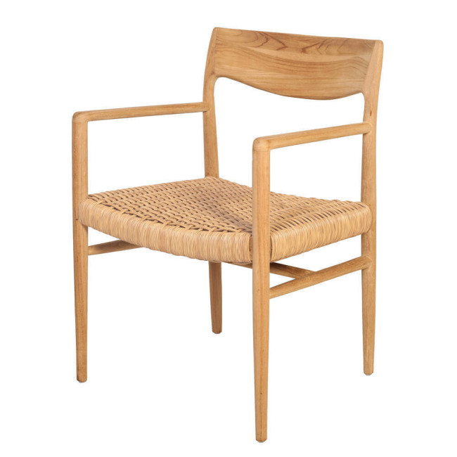 Silla de madera maciza de teca. silla Punta Nati con reposabrazos de madera de teca con acabado natural y trenzado de cuerda par