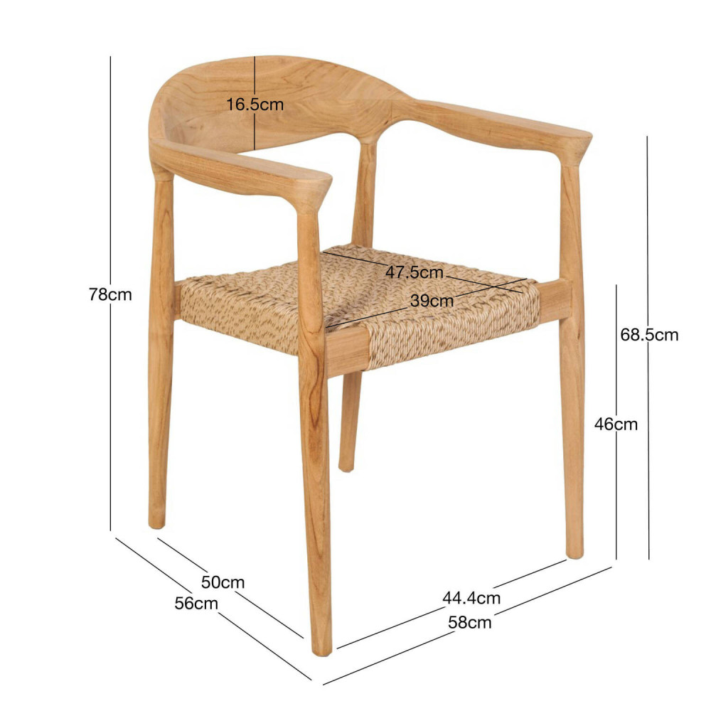 Silla Mesquida de madera de teca con acabado natural y trenzado de cuerda para exterior | bosco