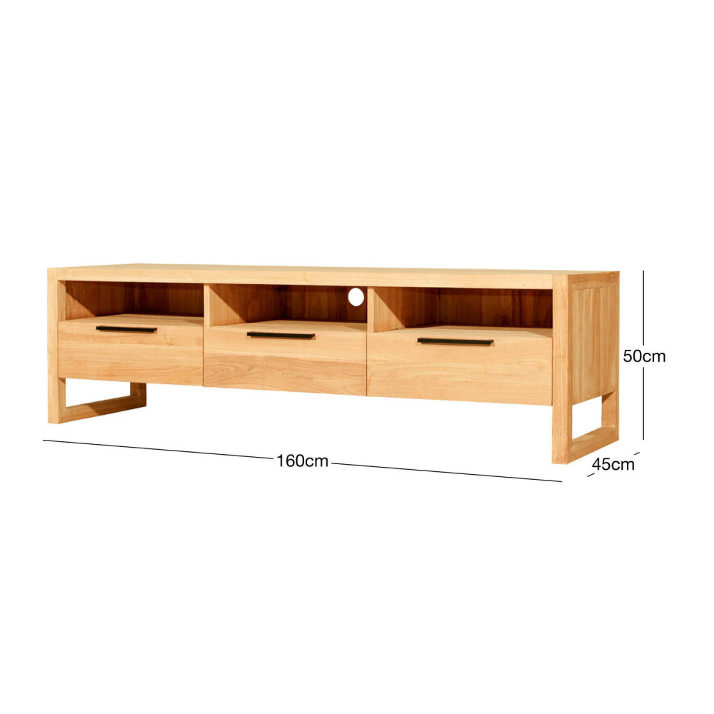 Mueble tv Arenal en madera de teca natural maciza acabado fino y tirador metálico antracita | bosco