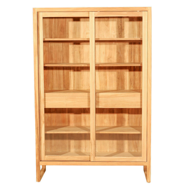 Vitrina de madera de teca natural fina con estantes, cajones y puertas correderas acristaladas. Diseño sencillo y funcional.