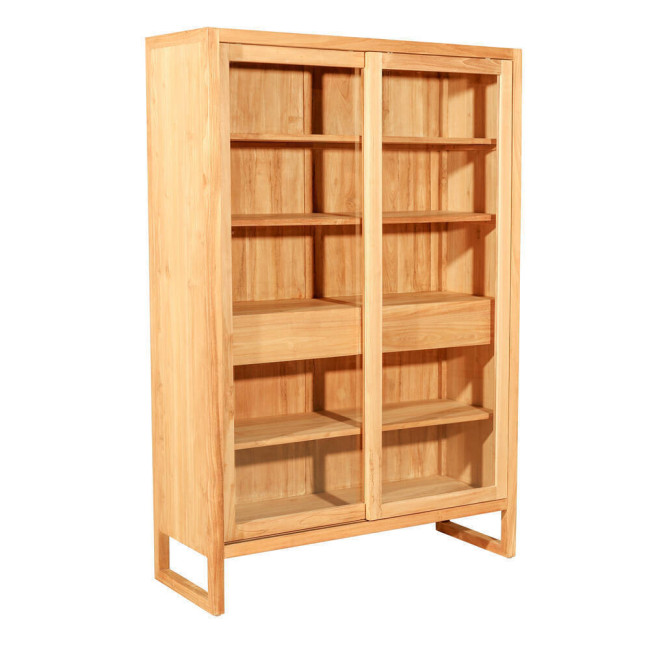 Vitrina de madera de teca natural fina con estantes, cajones y puertas correderas acristaladas. Diseño sencillo y funcional.