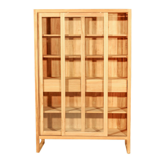 Vitrina de madera de teca natural fina con estantes, cajones y puertas correderas acristaladas. Diseño sencillo y funcional.