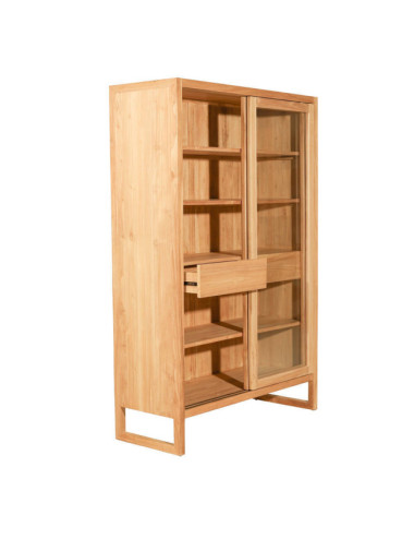 Vitrina de madera de teca natural fina con estantes, cajones y puertas correderas acristaladas. Diseño sencillo y funcional.