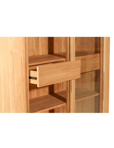 Vitrina de madera de teca natural fina con estantes, cajones y puertas correderas acristaladas. Diseño sencillo y funcional.
