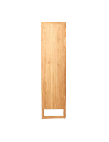 Vitrina de madera de teca natural fina con estantes, cajones y puertas correderas acristaladas. Diseño sencillo y funcional.