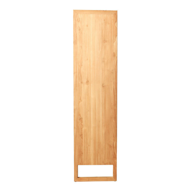 Vitrina de madera de teca natural fina con estantes, cajones y puertas correderas acristaladas. Diseño sencillo y funcional.