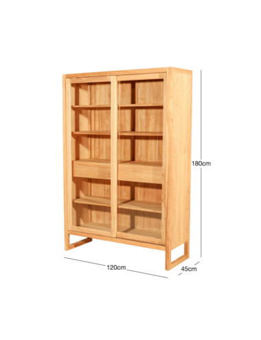 Vitrina de madera de teca natural fina con estantes, cajones y puertas correderas acristaladas. Diseño sencillo y funcional.