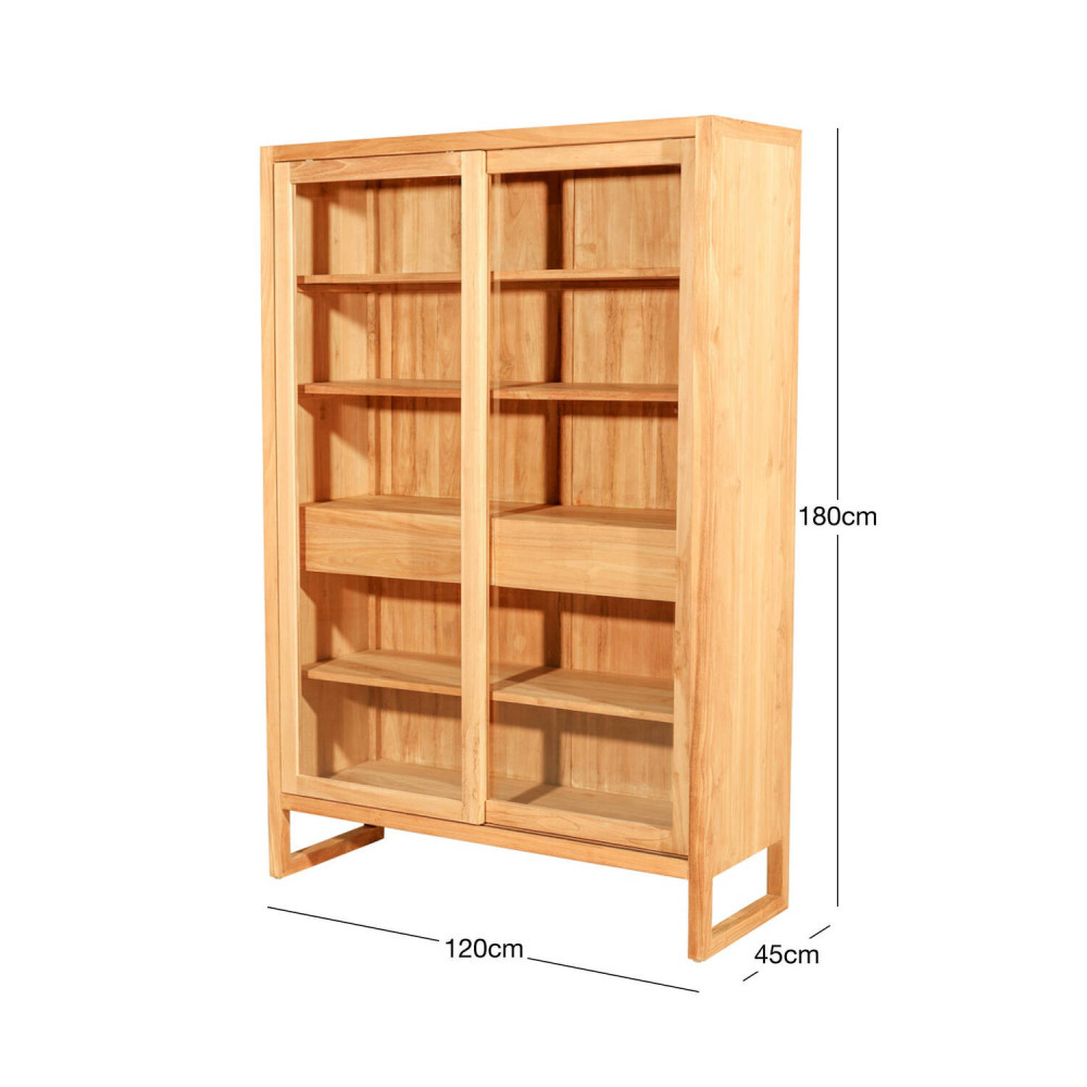 Vitrina de madera de teca natural fina con estantes, cajones y puertas correderas acristaladas. Diseño sencillo y funcional.