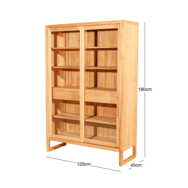 Vitrina de madera de teca natural fina con estantes, cajones y puertas correderas acristaladas. Diseño sencillo y funcional.