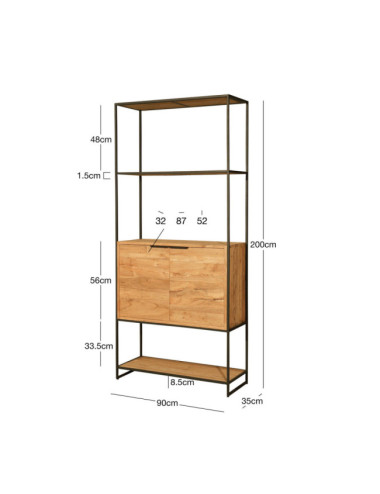 Estantería Cala Corb en teca reciclada rasgada combinada con metal| bosco