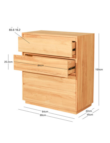 Cómoda Fondes en madera de teca natural con cuatro cajones| bosco