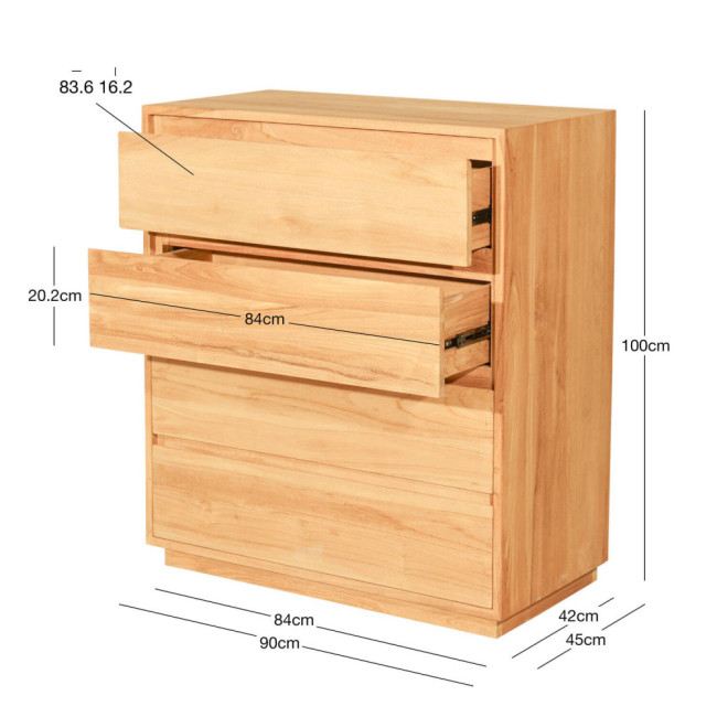 Cómoda Fondes en madera de teca natural con cuatro cajones| bosco