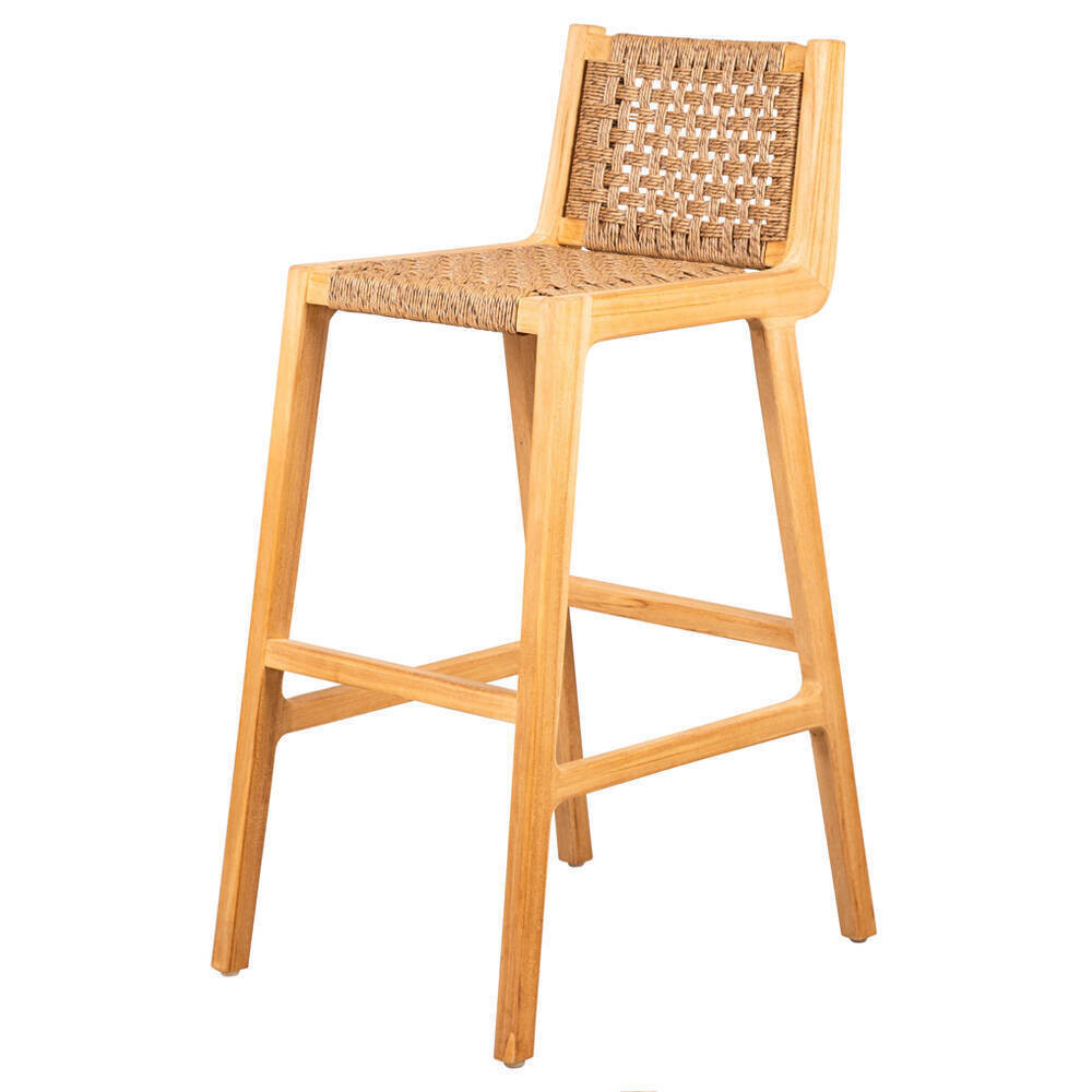 GT-21A TABURETE BAR CON RESPALDO TRENZADO VIRO, MADERA DE TECA NATURAL.
