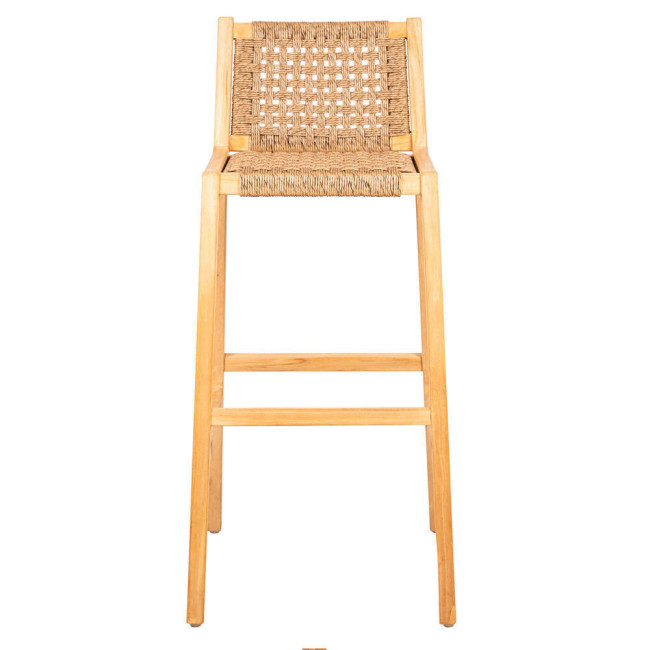 GT-21A TABURETE BAR CON RESPALDO TRENZADO VIRO, MADERA DE TECA NATURAL.
