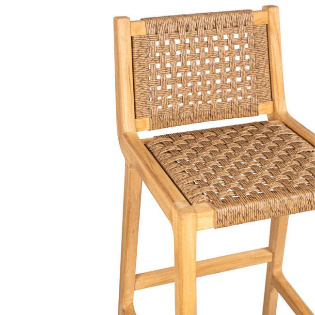 GT-21A TABURETE BAR CON RESPALDO TRENZADO VIRO, MADERA DE TECA NATURAL.