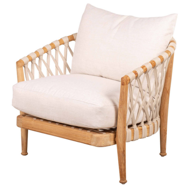 GT-12A SILLÓN MADERA DE TECA LIJADO FINO CON TRENZADO CINTA DE 20MM BEIGE CON COJINES.