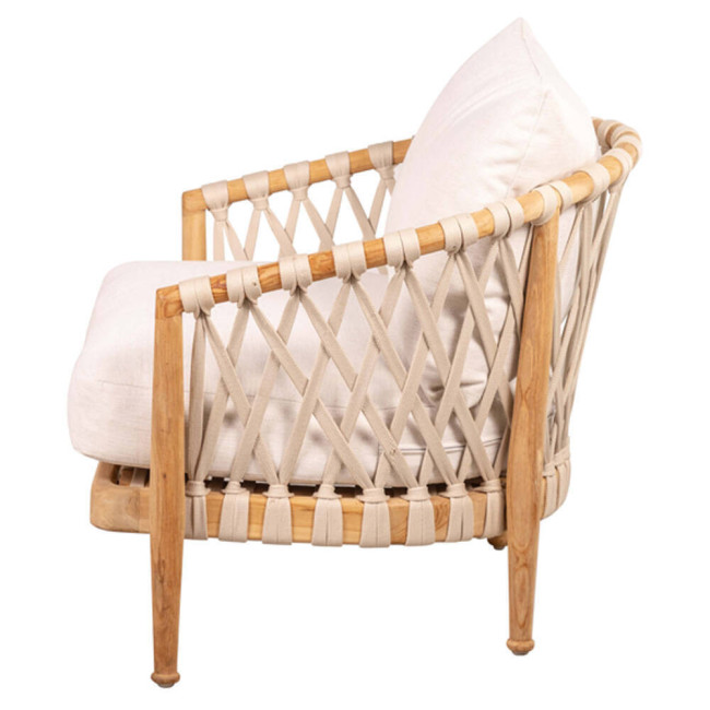GT-12A SILLÓN MADERA DE TECA LIJADO FINO CON TRENZADO CINTA DE 20MM BEIGE CON COJINES.