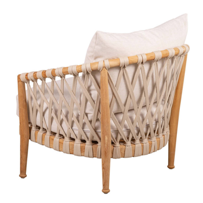 GT-12A SILLÓN MADERA DE TECA LIJADO FINO CON TRENZADO CINTA DE 20MM BEIGE CON COJINES.