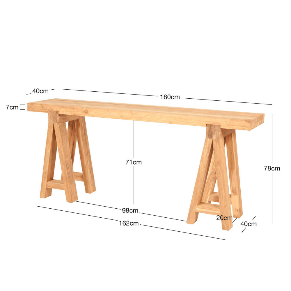 Consola Binigaus en madera de teca reciclada rasgada con soporte tipo caballete | bosco