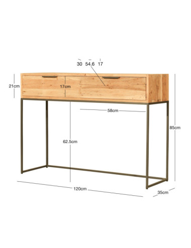 RT-1154A CONSOLA BINIMEL.LA DE 2 CAJONES DE 120 X 35 X 85H. MADERA DE TECA RECICLADA RASGADO