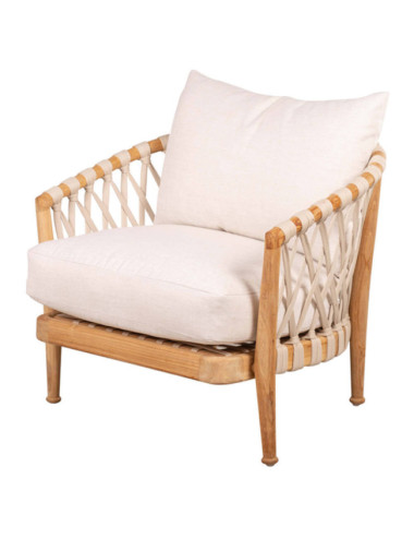 GT-12A SILLÓN MADERA DE TECA LIJADO FINO CON TRENZADO CINTA DE 20MM BEIGE CON COJINES.