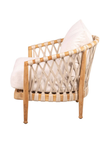 GT-12A SILLÓN MADERA DE TECA LIJADO FINO CON TRENZADO CINTA DE 20MM BEIGE CON COJINES.