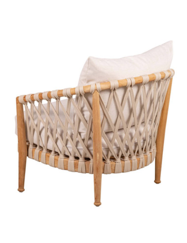 GT-12A SILLÓN MADERA DE TECA LIJADO FINO CON TRENZADO CINTA DE 20MM BEIGE CON COJINES.
