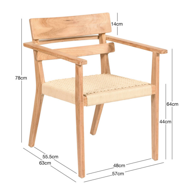 GT-6051A SILLA CON BRAZOS RAFALET DE 57 X 63 X 78H. MADERA TECA CON ASIENTO TRENZADO MJA020